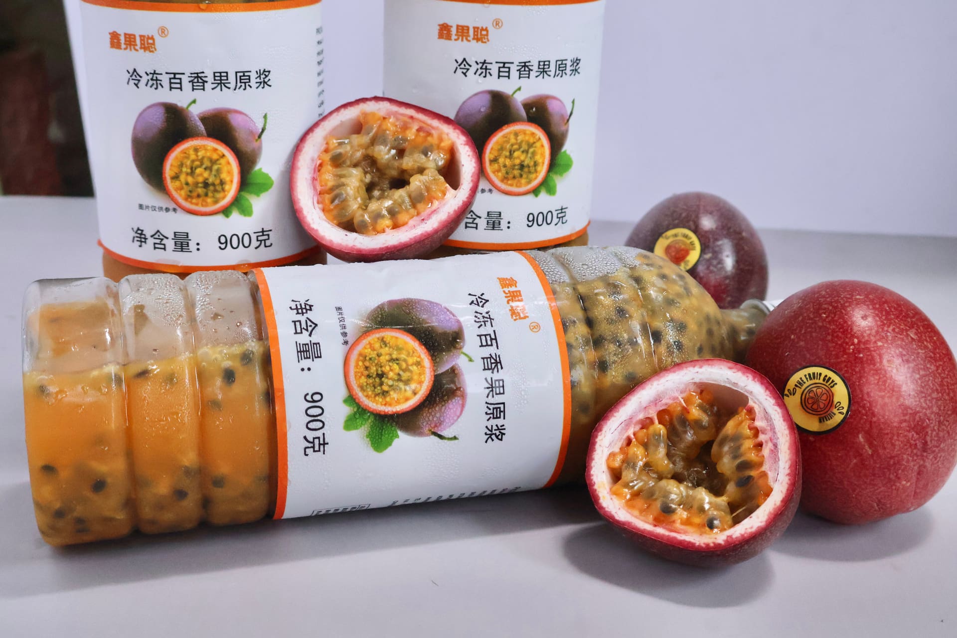 Frozen passion fruit puree bottles
